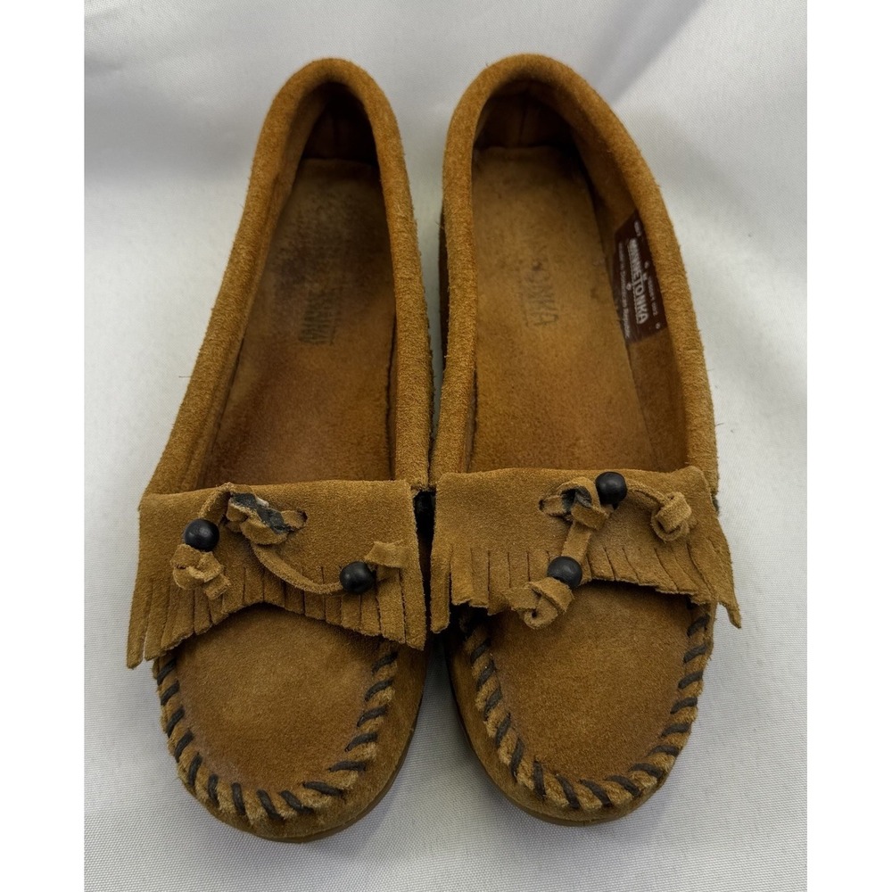 Minnetonka Moccasins Shoes Womens Size 6 Brown Suede Feather Slip-on